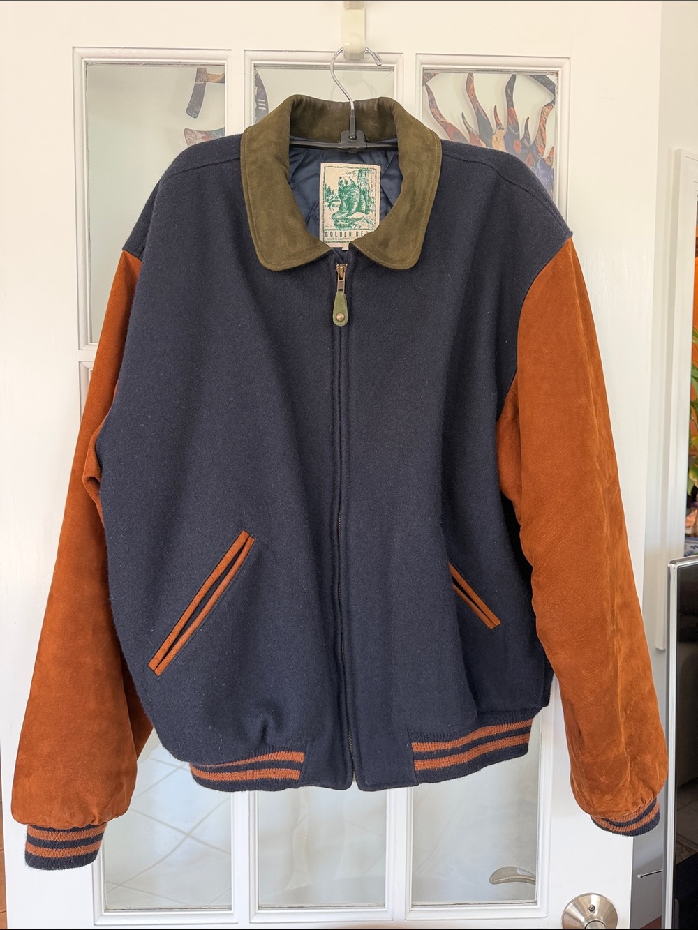 Golden Bear men’s wool & suede bomber jacket w/quilted lining, size L. USA made.